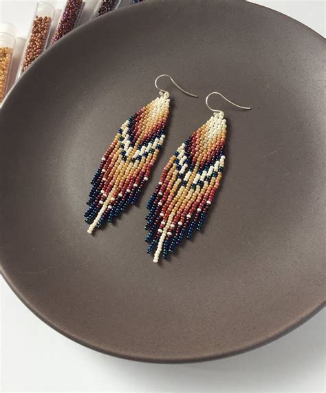 Fringe Seed Bead Earrings Feather Bead Earrings Western Etsy