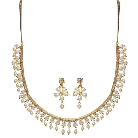 Buy Priyaasi White Pearl American Diamond Gold Plated Jewellery Set Online