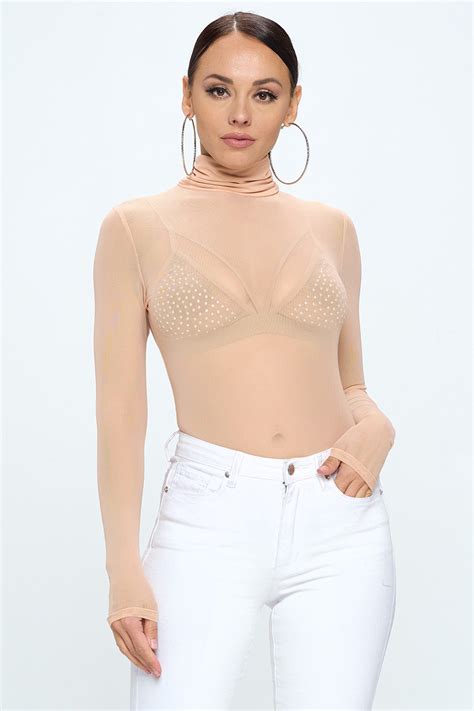 Mock Neck Long Sleeve Mesh Bodysuit Ohyes Fashion