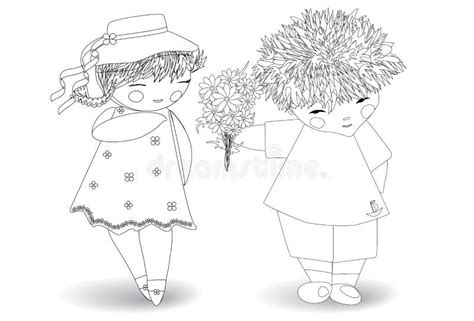 Coloring For Adults And Children The Boy Gives The Girl A Bouquet Of