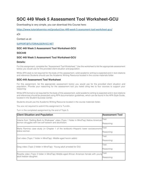 PPT SOC 449 WEEK 5 ASSESSMENT TOOL WORKSHEET GCU PowerPoint