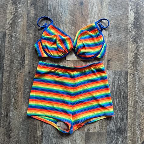 Rainbow Striped Bikini Set Vintage Deadstock S Depop