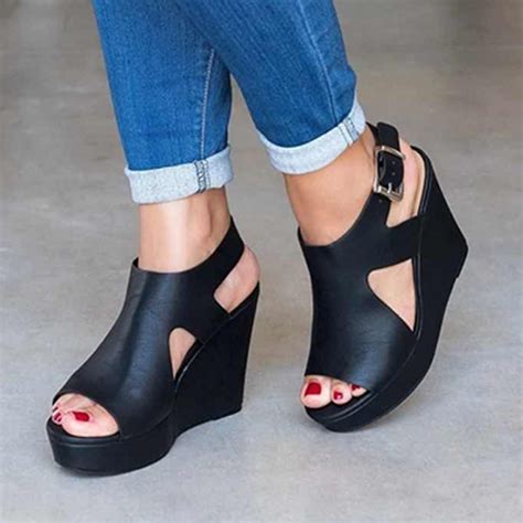 Peep Toe Buckle Strap Wedge Sandals Women Platform Shoes Heel Sandals Outfit Sandals Heels