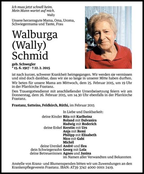 Todesanzeigen Von Walburga Schmid Todesanzeigen Vorarlberger Nachrichten