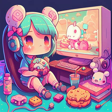 Chica Kawaii Jugando Videojuegos Lindo Jugador Ni O Ilustraci N Foto