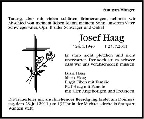 Traueranzeigen Von Josef Haag Stuttgart Gedenkt De