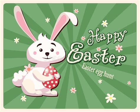 Retro Happy Easter Poster Greeting Card With Rabbit Bunny Egg Stock