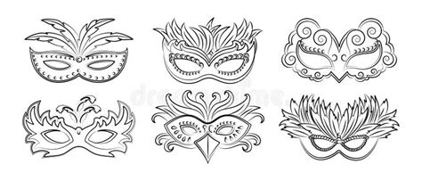 Masquerade Carnival Masks Outline Drawing Set Illustration Sketch