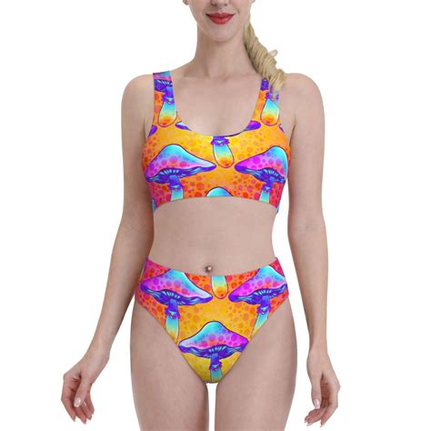 Adobk Magic Mushrooms Print Women High Waisted Bikini Set Sports