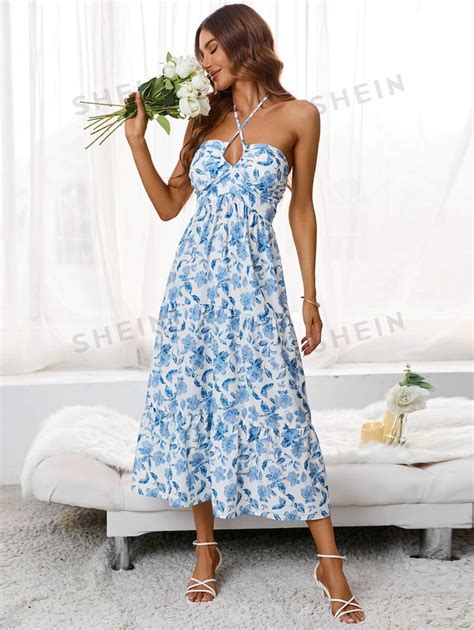 SHEIN Privé Robe ras du cou à imprimé floral dos nu à nœud à volants