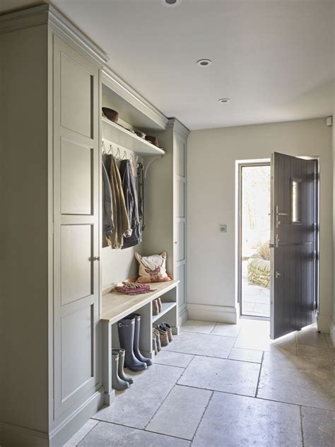 Hallway With Boot Room Furniture Natural Stone Floor Green Cabinetry