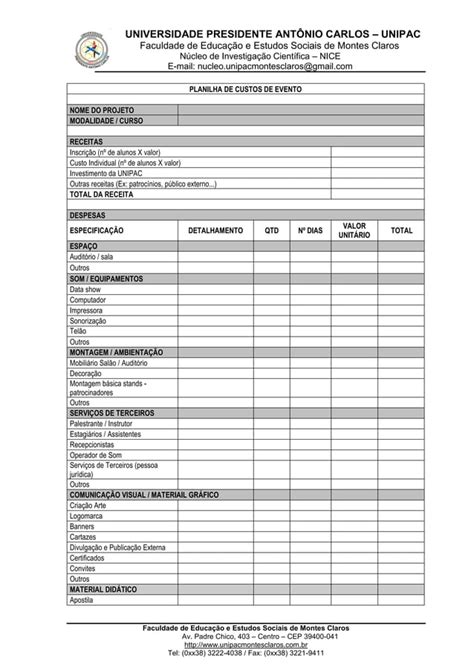 Anexo Formulario Planilha De Custos Pdf