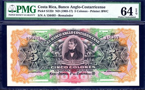 5 Colones 1903 1917 Costa Rica Pick S122r Ch UNC PMG 64 EPQ MA Shops