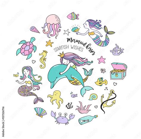 Under the sea - little mermaid, fishes, sea animals and starfish, vector collection Stock Vector ...