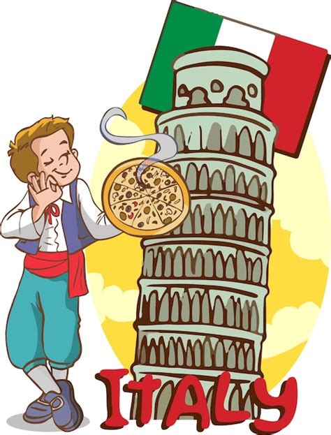 Vektor Illustration Von Kindern Mit Pizza Und Der Flagge Italiens Im