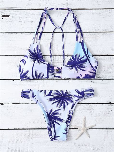 Strappy Palm Tree Print Bikini BLUE WHITE S Print Bikini Bikinis