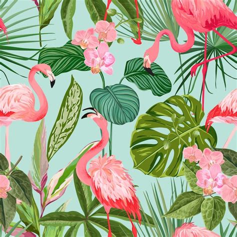 Premium Vector Tropical Background With Flamingo And Palm Leaves