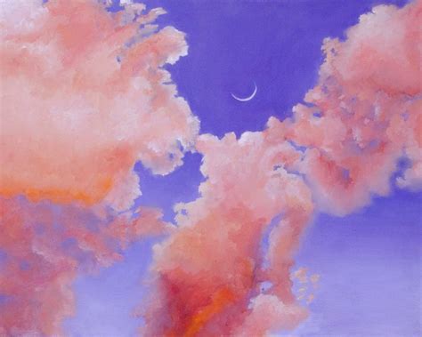 An Abstract Painting Of Pink Clouds With A Crescent Moon In The Sky