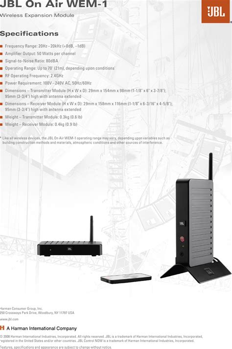 Jbl Specification Sheet On Air Wem English Eu