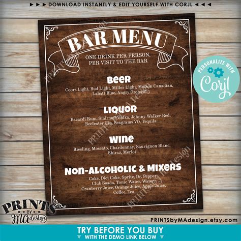 Bar Menu Sign Custom Printable 8x1016x20” Rustic Wood Style Drinks