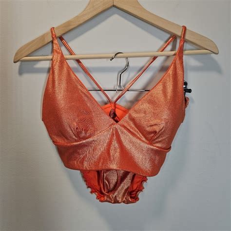 Luli Fama Swim Luli Fama Reflective Amber Orange Cross Back Ruched Full Bottom Bikini Medium
