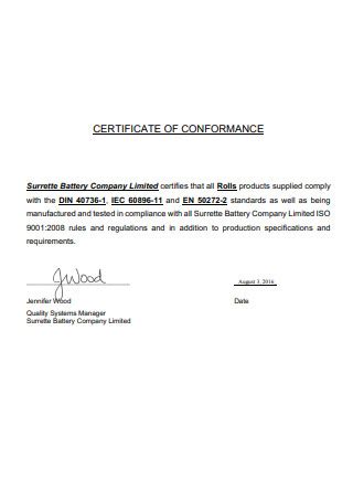 Certificate Of Conformance Template Word