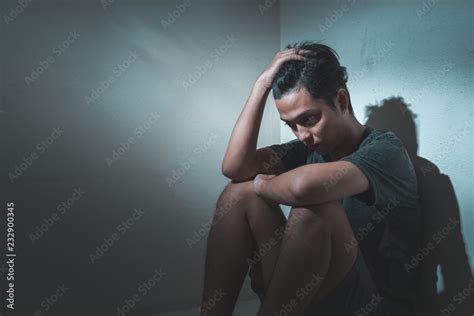 Ptsd Mental Health Concept Young Depressed Asian Man Sitting Alone In