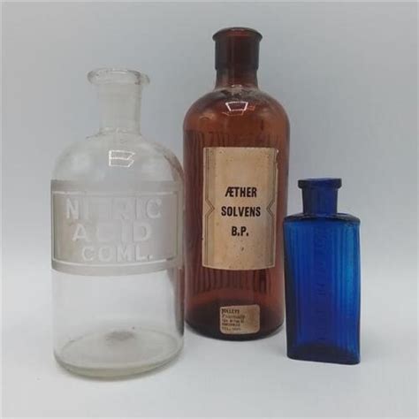 3 Vintage Apothecary Medical Bottles Nitric Acid Aether Solvens Vgc Ebay