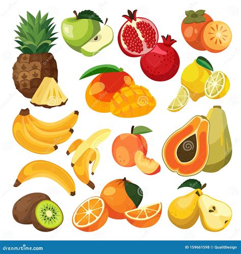 Bananas Oranges Pineapple Tropical Fruits Vector Flat Cartoon