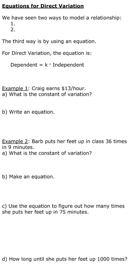 Grade 9 Applied Math Equations For Direct Variation