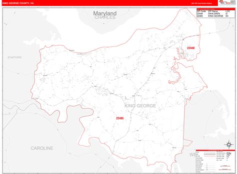 King George County, VA Zip Code Wall Map Red Line Style by MarketMAPS