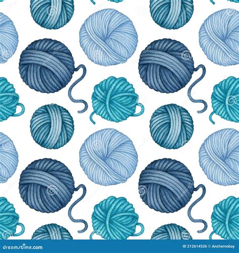 Watercolor Blue Yarn Skeins Seamless Pattern Wool Threads Balls