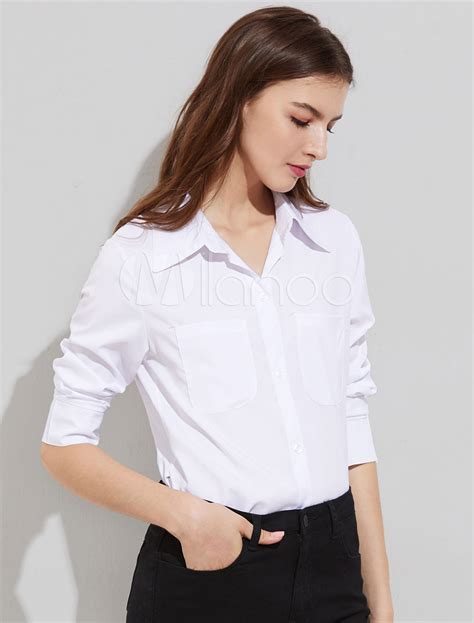 Blusa de poliéster blanca de cuello vuelto con manga larga Color liso