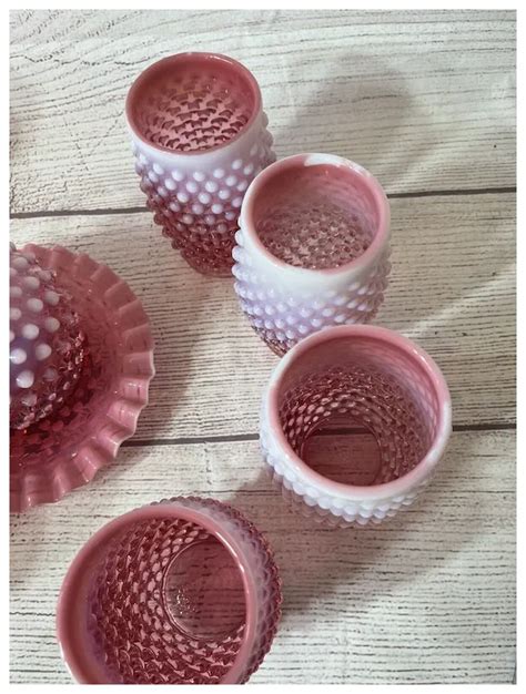 Fenton Cranberry Opalescent Hobnail Small Pitcher And Set Of 6 Ruby Lane