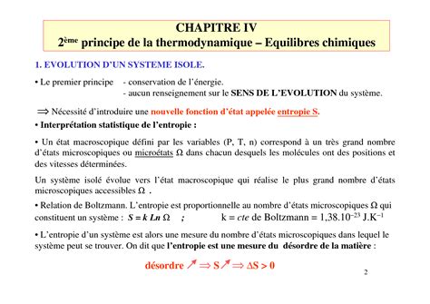 SOLUTION Cours Second Principe De La Thermodynamique Et Equilibre