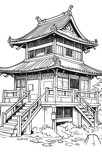 Premium AI Image | a drawing of a japanese house with stairs and a roof ...