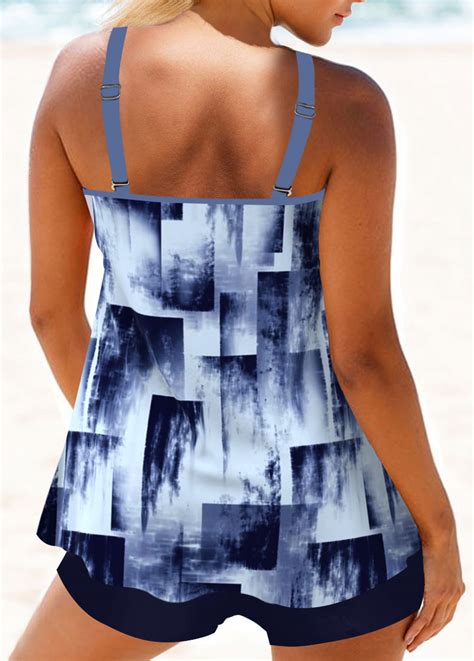 Geometric Print Metal Ring Navy Tankini Top Usd 29 98