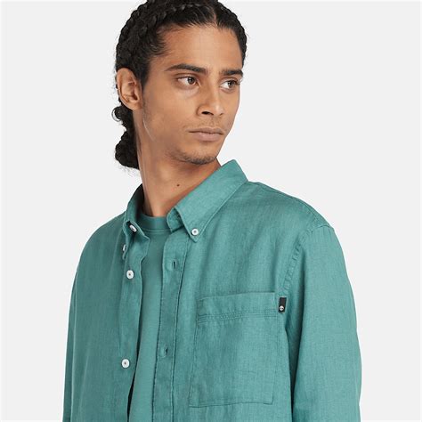 Camisa De Lino Con Bolsillo Para Hombre En Azul Verdoso