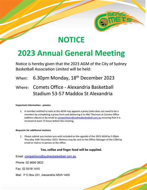 Notice Of Agm City Of Sydney Basketball