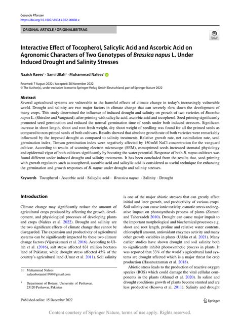 Interactive Effect Of Tocopherol Salicylic Acid And Ascorbic Acid On