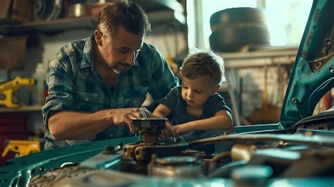 Premium Photo Father And Son Are Fixing A Car Engine Together They