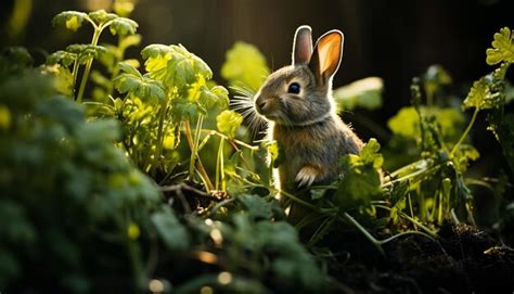 Premium AI Image Fluffy Baby Rabbit Sitting In Green Grass Eating