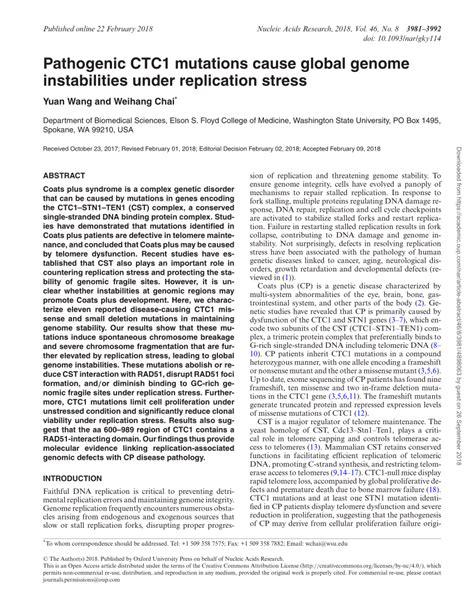 (PDF) Pathogenic CTC1 mutations cause global genome instabilities under ... 