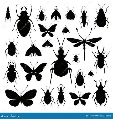 Insects Silhouettes Collection Isolated On White Background Stock