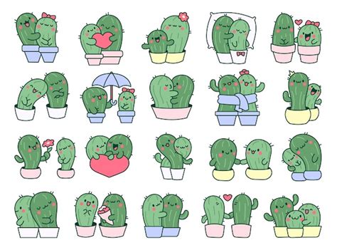 Premium Vector Kawaii Cactus Hug Cute Cartoon Cacti Couple In Love Funny Plant Characters In Pots