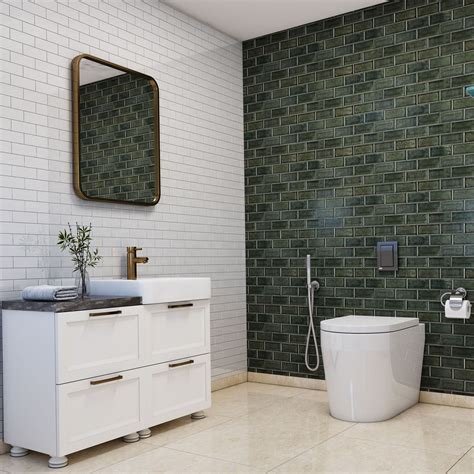 Subway Glossy Green And White Bathroom Tile Design Livspace