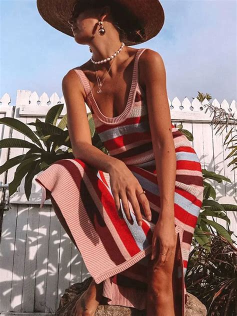 Sexy Boho Low Cut Out Women Beach Mid Dress Knit Tunic Bikini Cover Ups Striped