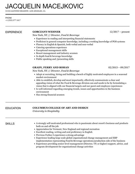 Director Food And Beverage Resume Samples Velvet Jobs