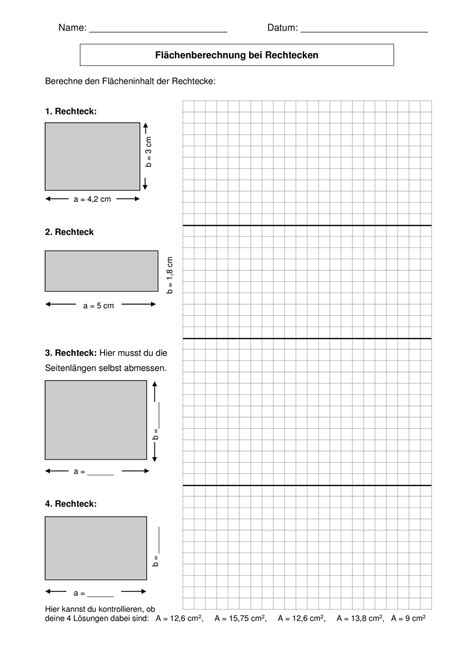 Arbeitsblatt Aufgaben Zur Fl Chenberechnung Von Rechtecken Version