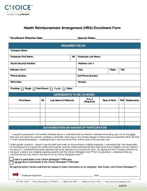 Fillable Online Health Reimbursement Arrangement HRA Enrollment Form